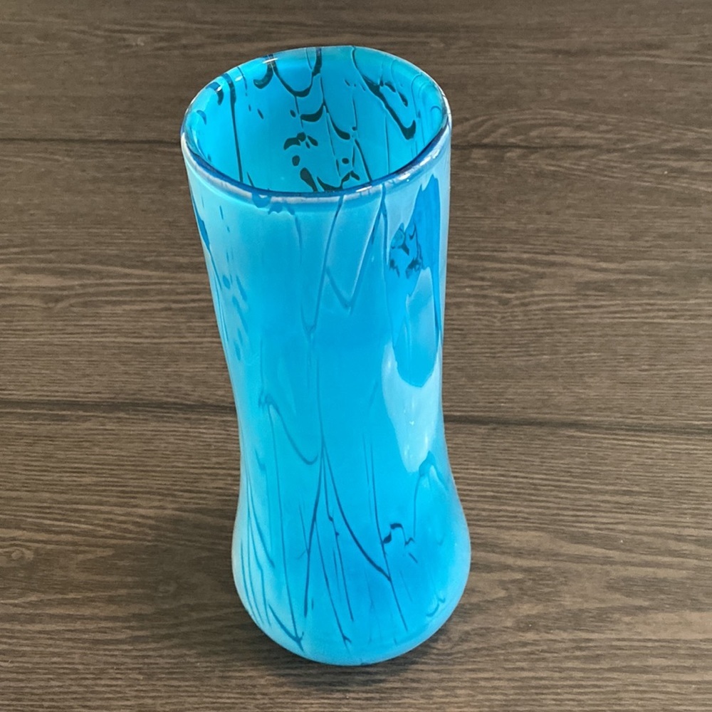 Cavalier Cased Glass Hand Blown Blue Vase Blue & White Swirling Water Pattern.